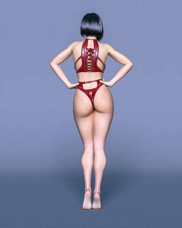 Beautiful sexy woman red corset.Intimate clothing collection.Bright makeup.Woman studio photography.Conceptual fashion art.Femme fatale.3D Render.の写真素材