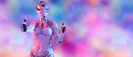 Woman robot virtual reality glasses.White metal droid.Neural networks.Artificial Intelligence.Conceptual fashion art.3D render.Colorful smoke background.Copy space.Minimal style.Sci-fi.Future is todayの写真素材