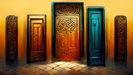 Pattern of many multicolored wooden doors.Warm soft lighting.Vintage tones.Digital art.Abstract illustration.Picture render by neural network.の素材