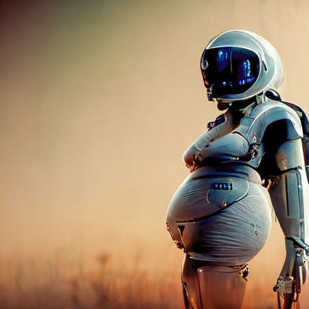 Scary pregnant robot woman android.Old metal, mechanisms, gears.Steampunk art style.Old mechanism.Picture render by neural network.Robots are like peopleの素材