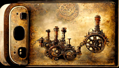 Mobile phone made from mechanical gears.Steampunk art style.Old mechanism.Apocalypse technologies.Picture render by neural network.の素材