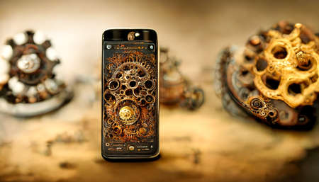 Mobile phone made from mechanical gears.Steampunk art style.Old mechanism.Apocalypse technologies.Picture render by neural network.の素材