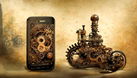 Mobile phone made from mechanical gears.Steampunk art style.Old mechanism.Apocalypse technologies.Picture render by neural network.の素材