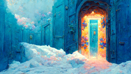 Ethereal summer flowers carved fire door at the end of world.Snowy winter.Cool blue tones.Digital designer art.Abstract surreal psychedelic illustration.の写真素材