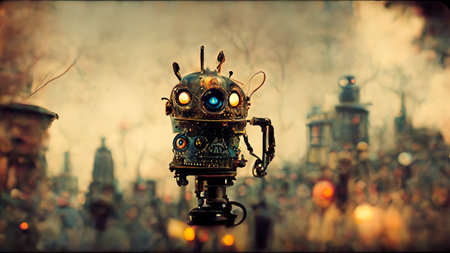 Scary robot android.Old metal, mechanisms, gears.Steampunk art style.Old mechanism.Generating image by Neural Network.Robots out control.3D renderの素材