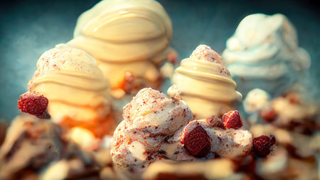 Appetizing chocolate ice cream balls and vanilla.Sweet diet.Warm soft lighting.Vintage tones.Digital...