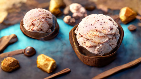 Appetizing chocolate ice cream balls and vanilla.Sweet diet.Warm soft lighting.Vintage tones.Digital...