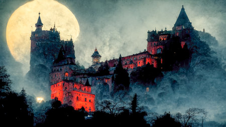 Magic unusual fairytale palaces.Beautiful landscape.Digital creative designer art.Abstract surreal psychedelic illustration.3d renderの写真素材