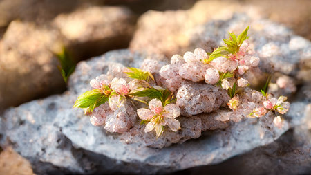 Sakura on the rocks.Beautiful landscape.Digital creative designer art.Abstract surreal psychedelic...