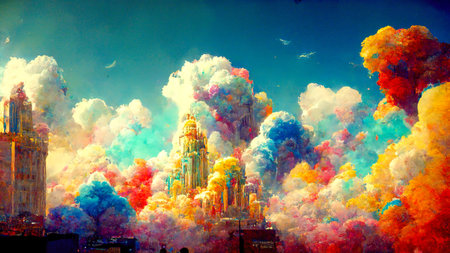Epic sky clouds over futuristic city.Brush hand painting.Digital creative designer art.Abstract...