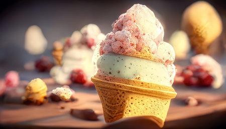 Appetizing chocolate ice cream balls and vanilla.Sweet diet.Warm soft lighting.Vintage tones.Digital...