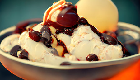 Appetizing chocolate ice cream balls and vanilla.Sweet diet.Warm soft lighting.Vintage tones.Digital art.3d render.の写真素材