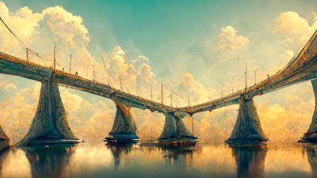 Ancient stone bridge across lake.Brush hand painting.Digital creative designer art.Abstract surreal...