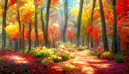 Golden autumn in the forest by the lake.Drawing with brush.Bright colors.Digital creative designer art.Abstract surreal illustration.3d renderの写真素材