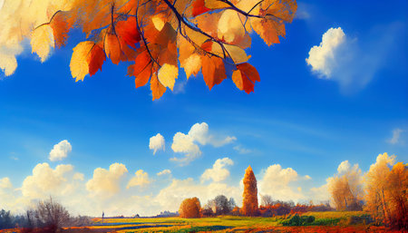Golden autumn in the forest and blue cloud sky.Drawing with brush.Bright colors.Digital creative designer art.Abstract surreal illustration.3d renderの写真素材