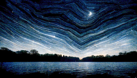 Dark night with stars by the lake, fantastic landscape. Abstract surreal psychedelic illustration.3d...
