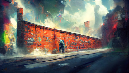 Brick wall with graffiti, old red brick factory. Watercolor hand drawing.Digital art.Abstract illustration.3D renderの写真素材