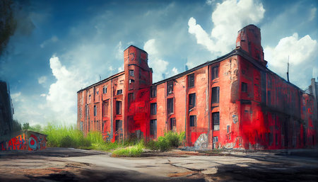 An abandoned building. Old brick wall with graffiti, Watercolor hand drawing.Digital art.Abstract illustration.3D renderの写真素材