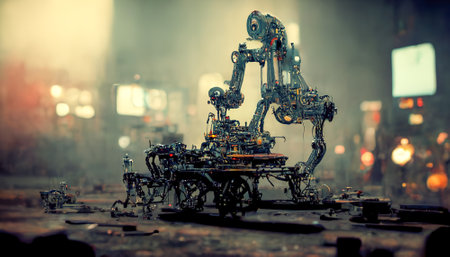 Scary robot android.Old metal, mechanisms, gears.Steampunk art style.Old mechanism.Robots out of control.3D render illustrationの素材