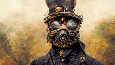 Face of man in an old leather gas mask.Steampunk portrait.Post nuclear world.Digital designer art abstract illustration.3D render.の写真素材