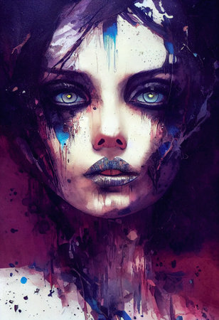 A woman with skull makeup, stunning eyes, multicolored hair. Bright colors. Freehand drawing painting.Digital designer art illustration.3D render.This is not a real personの写真素材
