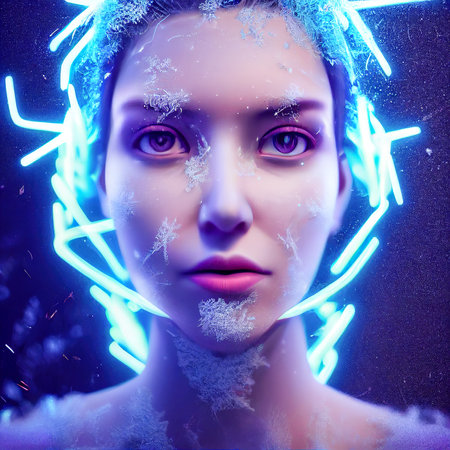 Portrait of beautiful cute girl in neon glow.Bright vibrant colors.Digital designer art illustration.3D render.の写真素材