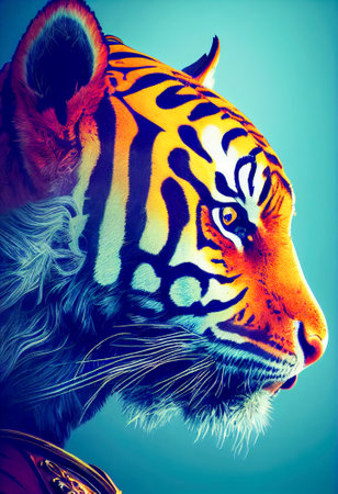 Steampunk Tiger in clothes.Freehand drawing cyberpunk painting.Digital designer art.Abstract surreal illustration.3D renderの写真素材