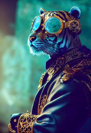 Steampunk Tiger with goggles glasses in clothes.Freehand drawing cyberpunk painting.Digital designer art.Abstract surreal illustration.3D renderの写真素材