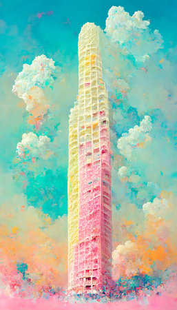 Ice cream skyscraper.Pastel colors.Tall tower reaching sky.Watercolor painting.Digital designer...