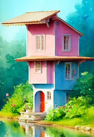 Unusual fairy tale rustic country house, located beautiful garden.Bright colors.Freehand watercolor drawing painting.Digital designer art.Abstract illustration.3D renderの写真素材