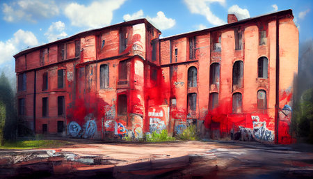 An abandoned building. Old brick wall with graffiti, Watercolor hand drawing.Digital art.Abstract illustration.3D renderの写真素材