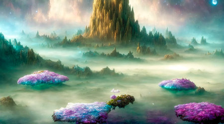 Fantastic landscape from another planet.Bright colors.Drawing with brush.Bright colors.Digital...