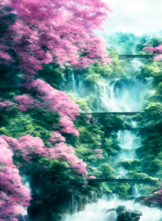 Fantasy landscape with waterfalls, forest and cherry blossoms.Drawing with brush.Bright colors.Digital creative designer art.Abstract surreal illustration.3d renderの写真素材