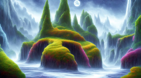 Fantastic landscape from another planet.Bright colors.Drawing with brush.Bright colors.Digital creative designer art.Abstract surreal illustration.3d renderの写真素材