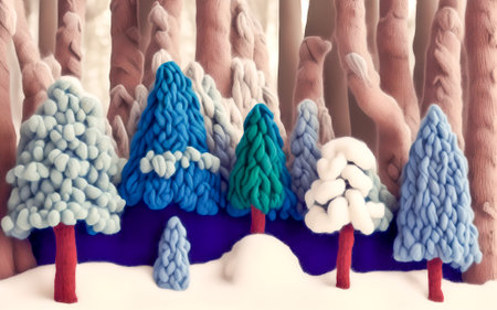 Cartoon snowy winter forest landscape made of wool and thread.Handmade.Digital designer art illustration.3D render.の写真素材