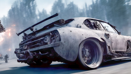 Futuristic steampunk car vehicle.Bright vibrant colors.Digital designer art illustration.3D render.の写真素材