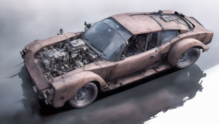 Futuristic steampunk car vehicle.Bright vibrant colors.Digital designer art illustration.3D render.の写真素材