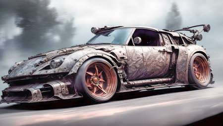 Futuristic steampunk car vehicle.Bright vibrant colors.Digital designer art illustration.3D render.の写真素材