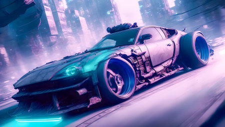 Futuristic steampunk car vehicle.Bright vibrant colors.Digital designer art illustration.3D render.の写真素材