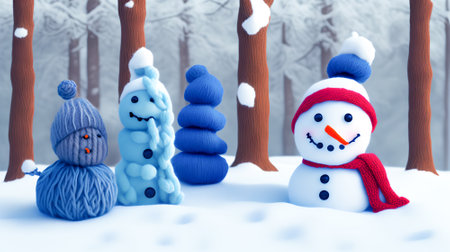 Cartoon snowman made of wool and thread.Handmade.Digital designer art illustration.3D render.の写真素材