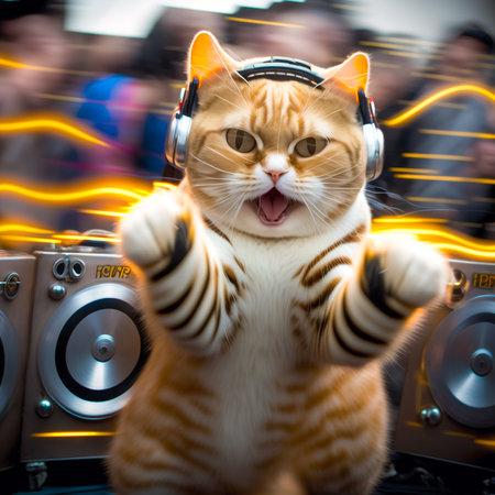 Punk Cat DJ.The disco cat plays music.Digital designer art illustration.3D render.の写真素材