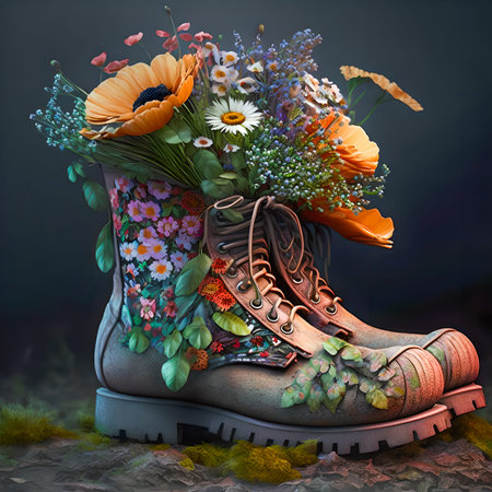High boots with lacing.Bouquet of wild flowers in boots.Digital designer art illustration.3D render.
