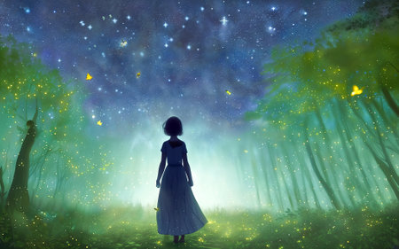 Girl standing in the middle of magic night forest with sky background and stars above her head, looking up at the sky. Digital creative designer art drawing.Abstract illustration.3d renderの写真素材