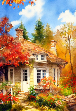 Unusual fairy tale rustic country house, located beautiful gold autumn garden.Bright colors.Freehand watercolor drawing painting.Digital designer art.Abstract illustration.3D renderの写真素材