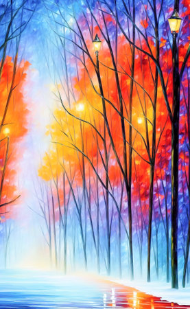 Winter landscape in the park.Warm evening lamp lighting.Bright colors.Freehand watercolor drawing painting.Digital designer 3D render illustration.の写真素材