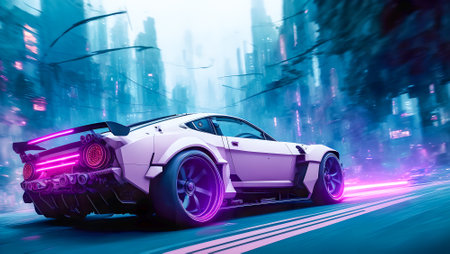 Futuristic steampunk car vehicle.Bright vibrant colors.Digital designer art illustration.3D render.の写真素材