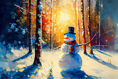 Snowman in the snowy forest.Lights of sun.Freehand oil drawing painting.Digital designer art.の写真素材