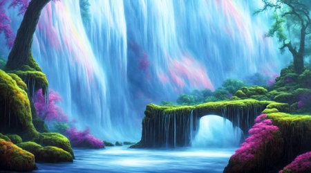 Fantastic landscape from another planet.Bright colors.Drawing with brush.Bright colors.Digital creative designer art.Abstract surreal illustration.3d renderの写真素材