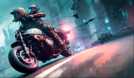Futuristic steampunk racing motorbike vehicle in the techno metropolis.Bright vibrant colors.Digital...