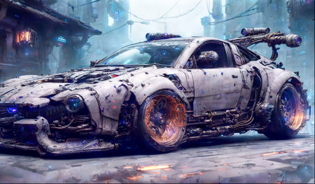 Futuristic steampunk car vehicle.Bright vibrant colors.Digital designer art illustration.3D render.